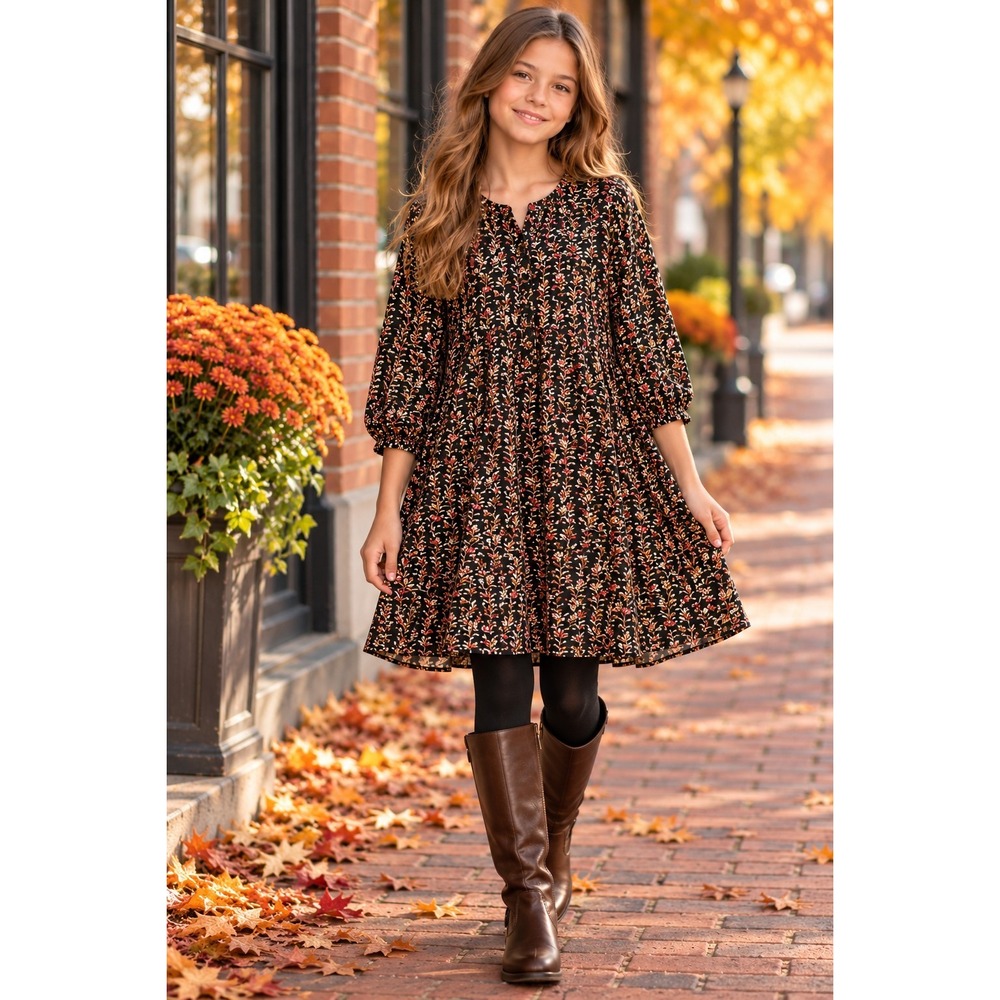 Zara Girls 11-12 Black Floral Gold Metallic Flowy Boho Dress